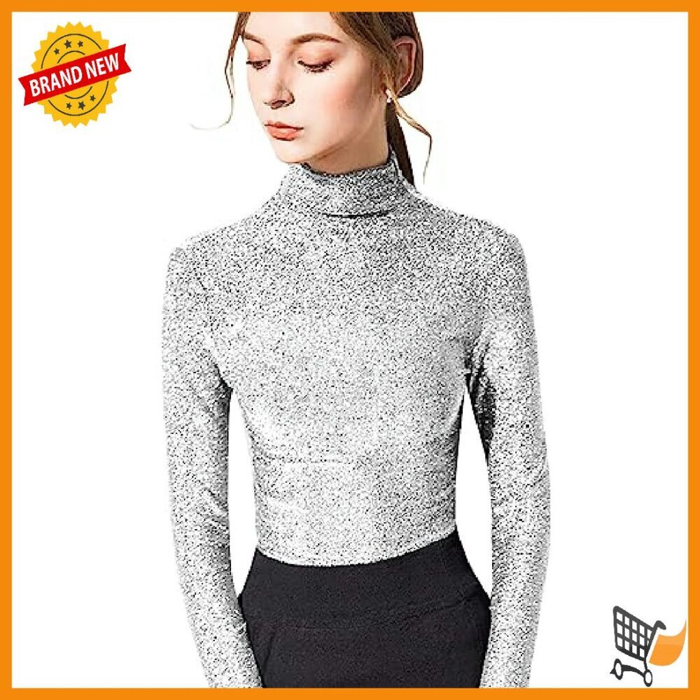 Slim Fit Long Sleeve Turtleneck Glitter Tee Blouse Women's Top - Picture 2 of 8